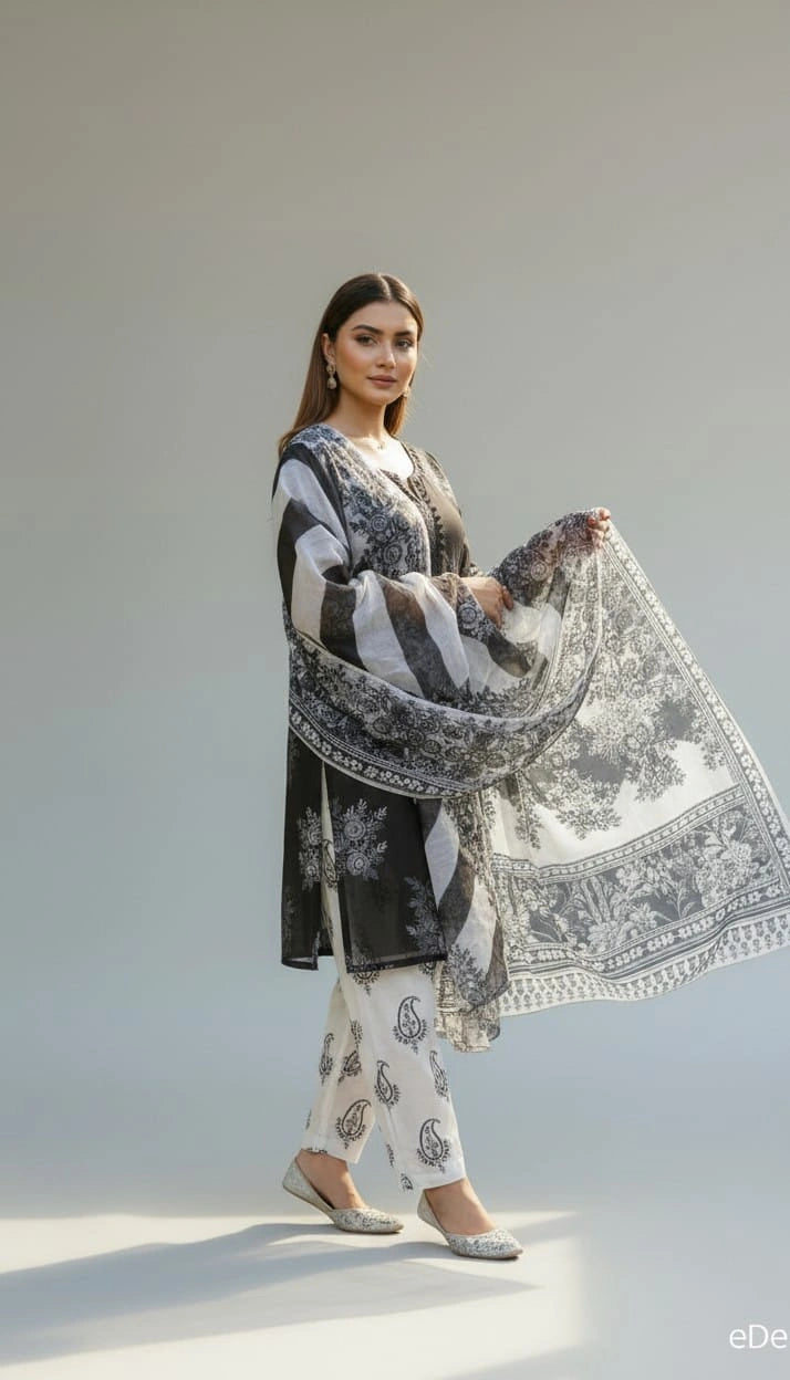 Georgette Printed Karchupi Three Piece - Code 87