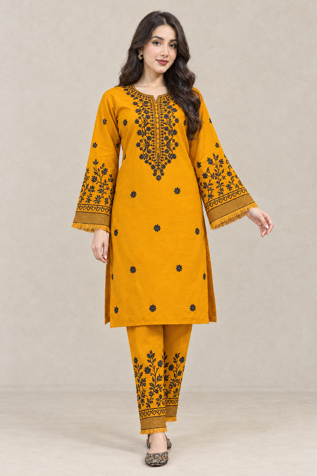 Mustard outfit in a three-quarter pose