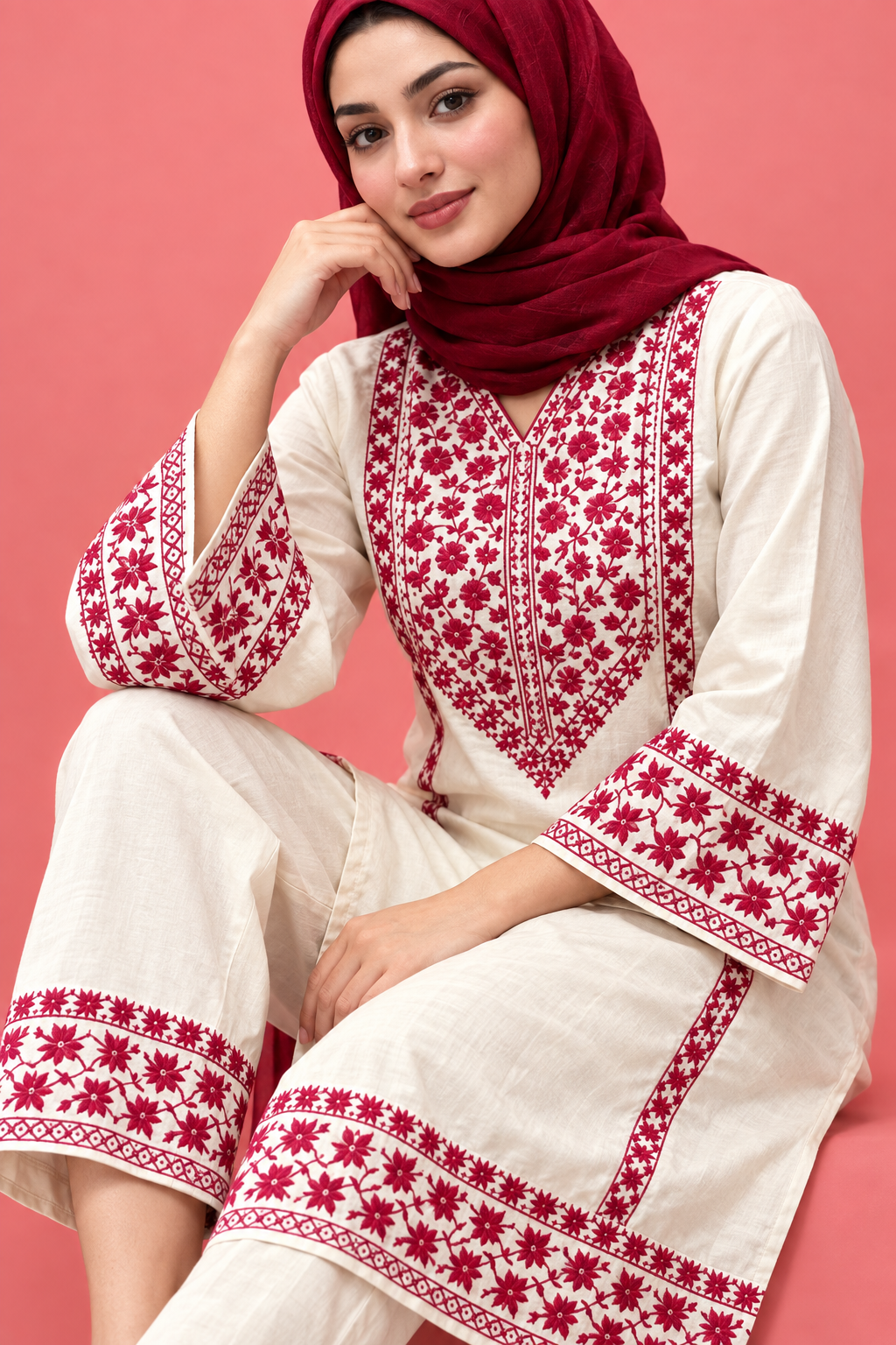 Neckline and cuff detail on coral